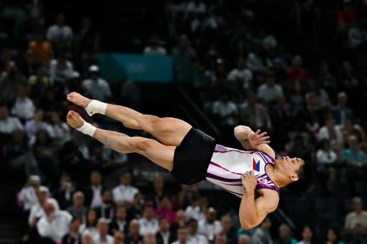 Carlos Yulo displays winning form in the Paris Olympics.
